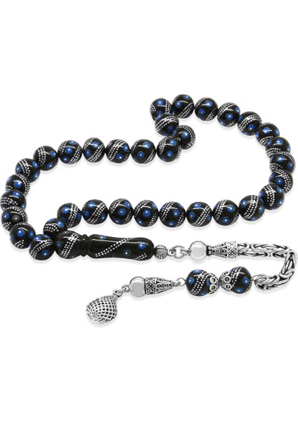 Erzurum Oltu Taşı Tesbih - 925 Ayar Kral Zincir Püsküllü - Gümüş Firuze Işlemeli - Küre Kesim