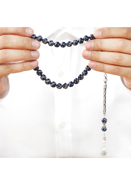 Erzurum Oltu Taşı Tesbih - 925 Ayar Kral Zincir Püsküllü - Gümüş Firuze Işlemeli - Küre Kesim modelleri