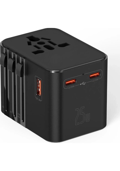 25W Evrensel Seyahat Adaptörü, Eu/us/uk/au Priz Dönüştürücü, 1x Usb, 2x Type-C Hızlı Şarj