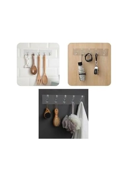 5&apos;li Kendinden Yapışkanlı Güçlü Şeffaf Askılık - Kapı Arkası Mutfak Duvar Askı fiyatları