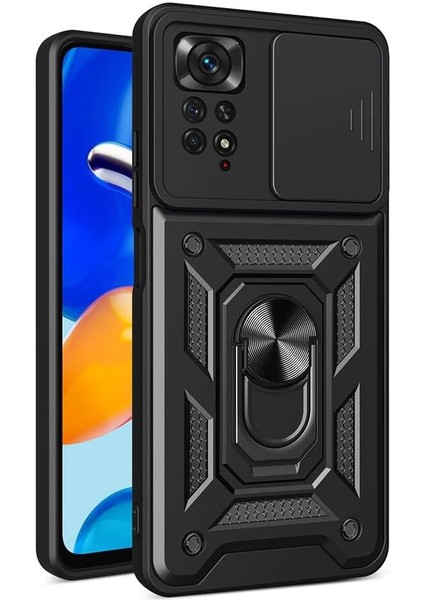 11 Pro 4g Uyumlu Kamera Korumalı Sürgülü Yüzüklü Standlı Tank Kılıf (Siyah)