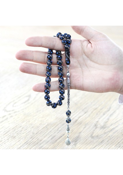 Erzurum Oltu Taşı Tesbih - 925 Ayar Kral Zincir Püsküllü - Gümüş Firuze Işlemeli - Küre Kesim fırsatları