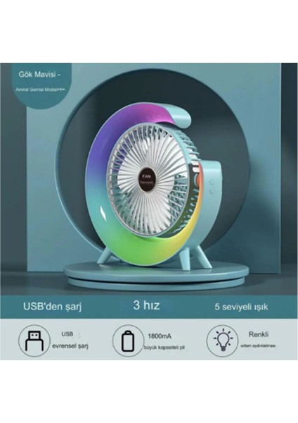 Masaüstü Vantilatör USB Şarjlı Rgb LED Işıklı 3 Kademeli 180° Ayarlanabilir Soğutucu Fan Mavi - Lisinya