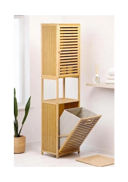 Bambu Kirli Sepetli 1 Raflı Kapaklı Dolabı Düzenleyici Çamaşır Sepeti Organizer DB-0010 fiyatları