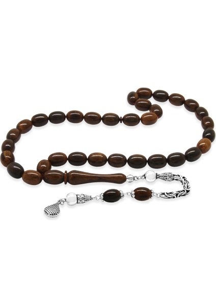 925 Ayar Gümüş Kral Zincir Püsküllü Sülün Imame Beyzi Kesim Kahverengi - Siyah Katalin Tesbih