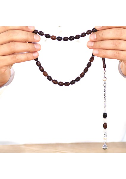 925 Ayar Gümüş Kral Zincir Püsküllü Sülün Imame Beyzi Kesim Kahverengi - Siyah Katalin Tesbih modelleri