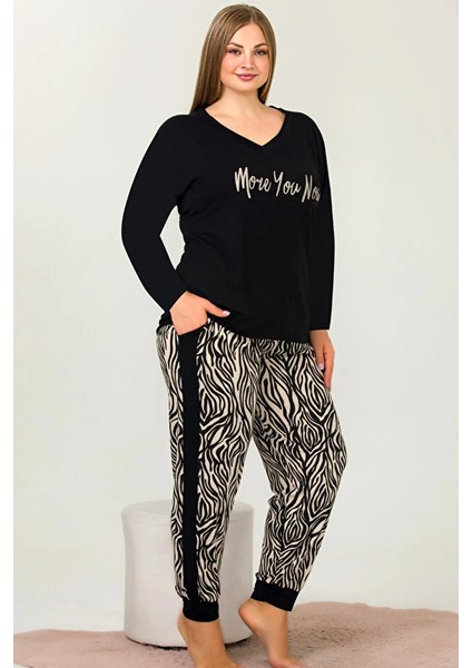 Lady Zebra Desenli Alt Çizgili Yumuşacık Pijama Uzun Kollu V Yakalı Viskon Kumaş Pijama Takımı