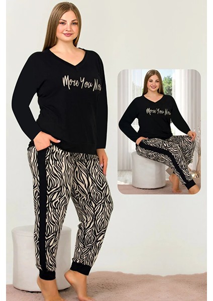 Lady Zebra Desenli Alt Çizgili Yumuşacık Pijama Uzun Kollu V Yakalı Viskon Kumaş Pijama Takımı fiyatları