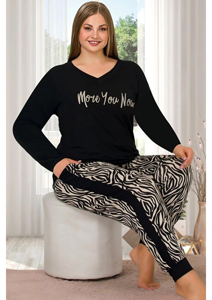 Lady Zebra Desenli Alt Çizgili Yumuşacık Pijama Uzun Kollu V Yakalı Viskon Kumaş Pijama Takımı modelleri