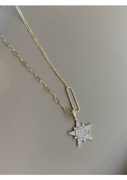 Taşlı Yıldız Kolye - Altın