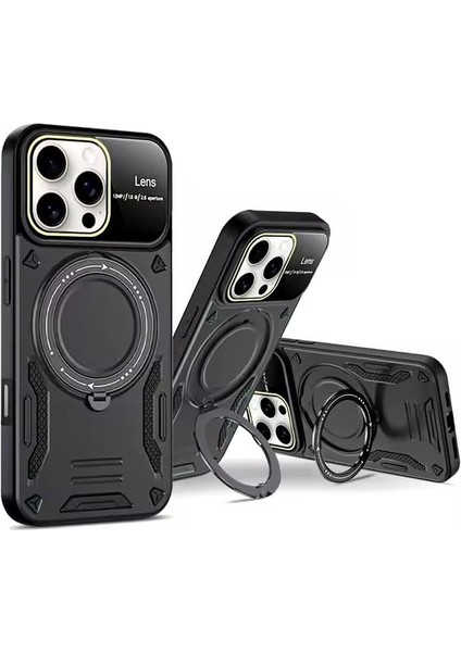 Ggm Aksesuar 16 Pro ile Uyumlu Joy Lens Kamera Korumalı Entegre Standlı Kılıf (Siyah)