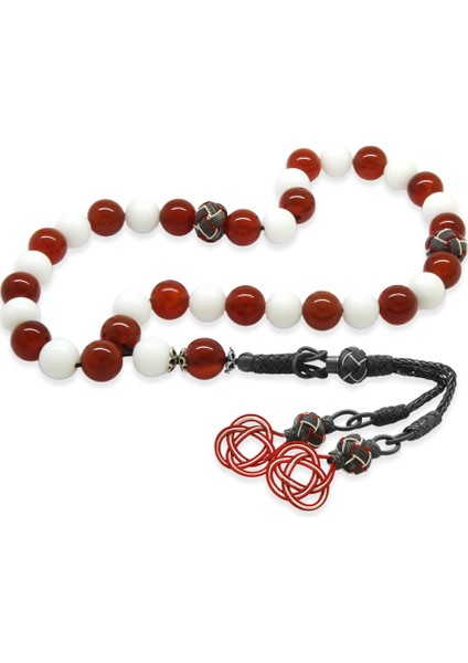 1000 Ayar Gümüş Kazaz Püsküllü Küre Kesim Kırmızı Beyaz Jade Akik Doğaltaş Taraftar Tesbih