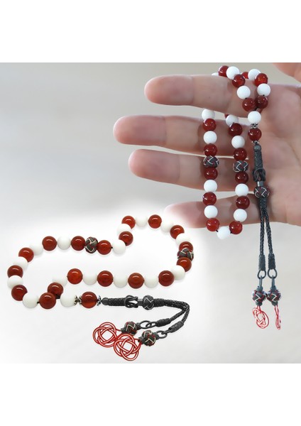 1000 Ayar Gümüş Kazaz Püsküllü Küre Kesim Kırmızı Beyaz Jade Akik Doğaltaş Taraftar Tesbih fiyatları