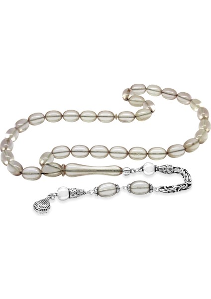 925 Ayar Gümüş Kral Zincir Püsküllü Sülün Imame Beyzi Kesim Şeffaf Beyaz Katalin Tesbih