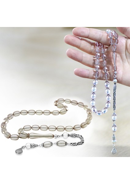 925 Ayar Gümüş Kral Zincir Püsküllü Sülün Imame Beyzi Kesim Şeffaf Beyaz Katalin Tesbih fiyatları