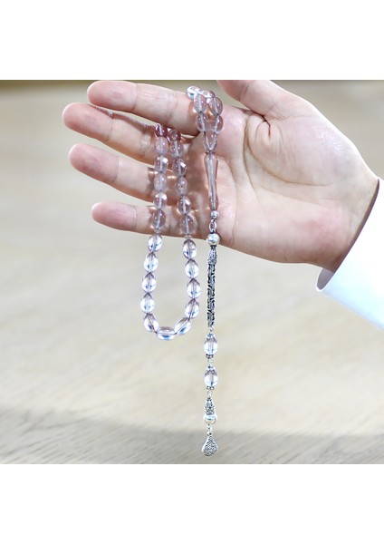 925 Ayar Gümüş Kral Zincir Püsküllü Sülün Imame Beyzi Kesim Şeffaf Beyaz Katalin Tesbih fırsatları