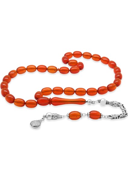 925 Ayar Gümüş Kral Zincir Püsküllü Sülün Imame Beyzi Kesim Kırmızı Katalin Tesbih