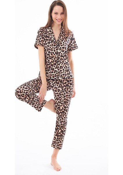 Premium Kadın Pijama Takımı Leopar Desenli Yumuşak Dokulu Kısa Kollu Gömlek Yaka modelleri