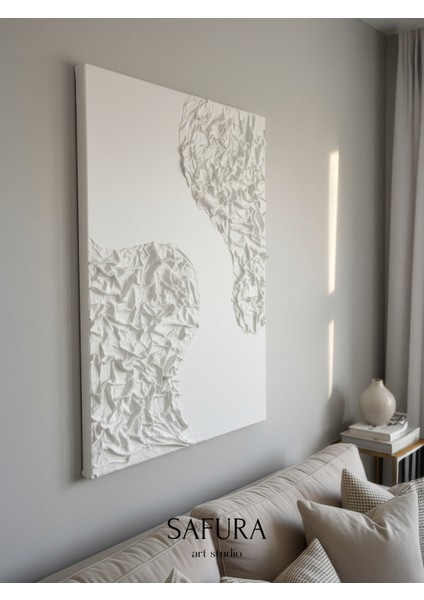 Dokulu Tablo – El Yapımı 3 Boyutlu Alçı Minimalist Doku, Modern Iskandinav Kabartmalı (Bürümcük Beyaz)