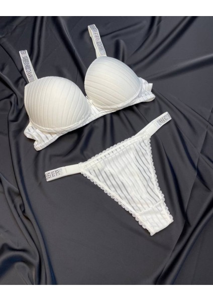 Çizgili Askısı Taşlı Dolgulu Sütyen Takım