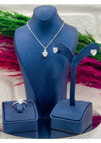 925 Ayar Gümüş Kalpli Zirkon Taşlı 3’lü Zarif Kadın Takı Seti fiyatları