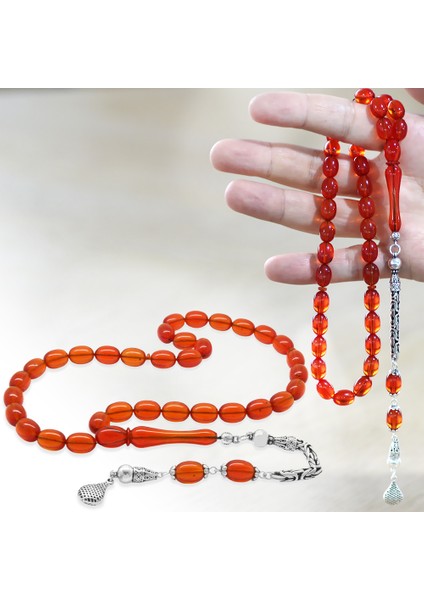 925 Ayar Gümüş Kral Zincir Püsküllü Sülün Imame Beyzi Kesim Kırmızı Katalin Tesbih fiyatları