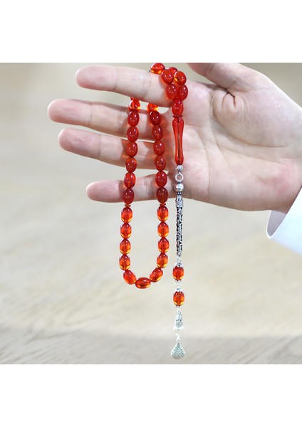 925 Ayar Gümüş Kral Zincir Püsküllü Sülün Imame Beyzi Kesim Kırmızı Katalin Tesbih fırsatları