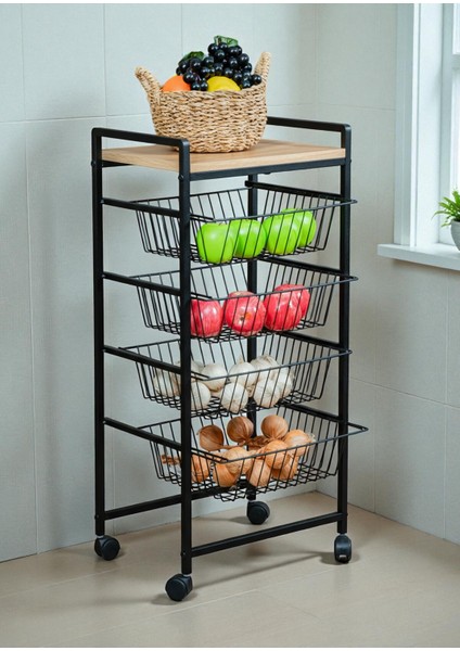 Dekoratif Tekerlekli Metal Sebzelik 4 Tel Sepetli Çam Ahşap Raflı Çok Amaçlı Stand