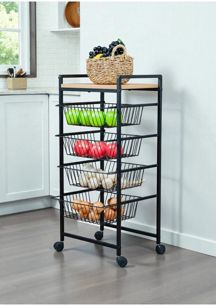 Dekoratif Tekerlekli Metal Sebzelik 4 Tel Sepetli Çam Ahşap Raflı Çok Amaçlı Stand fiyatları