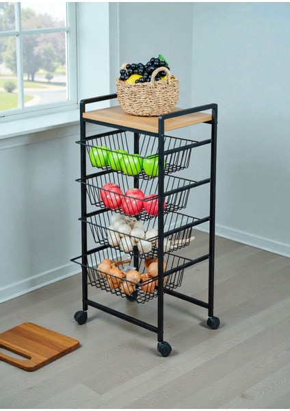 Dekoratif Tekerlekli Metal Sebzelik 4 Tel Sepetli Çam Ahşap Raflı Çok Amaçlı Stand modelleri