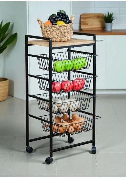 Dekoratif Tekerlekli Metal Sebzelik 4 Tel Sepetli Çam Ahşap Raflı Çok Amaçlı Stand
