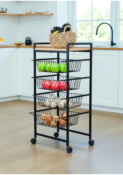 Dekoratif Tekerlekli Metal Sebzelik 4 Tel Sepetli Çam Ahşap Raflı Çok Amaçlı Stand