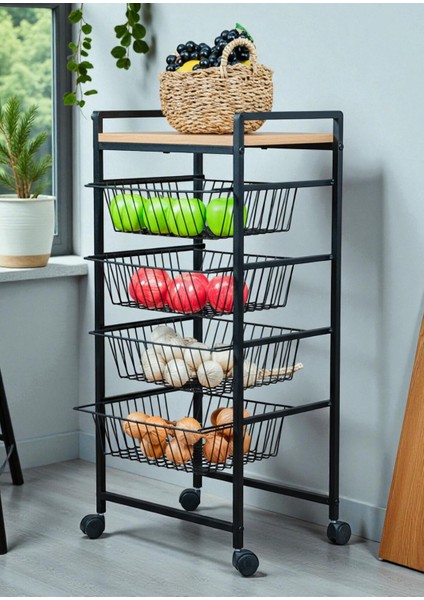 Dekoratif Tekerlekli Metal Sebzelik 4 Tel Sepetli Çam Ahşap Raflı Çok Amaçlı Stand