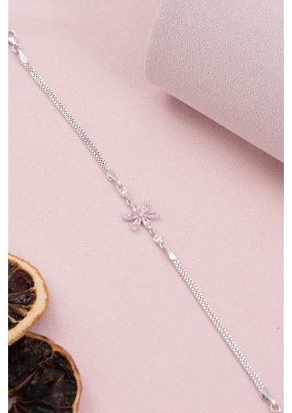 925 Ayar Gümüş Rodyumlu Zirkon Taşlı Pembe Lotus Çiçeği Bileklik