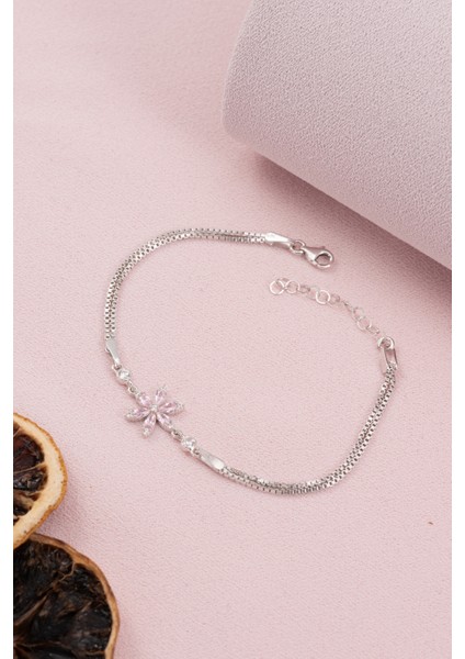 925 Ayar Gümüş Rodyumlu Zirkon Taşlı Pembe Lotus Çiçeği Bileklik fiyatları