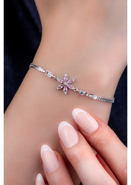925 Ayar Gümüş Rodyumlu Zirkon Taşlı Pembe Lotus Çiçeği Bileklik fırsatları