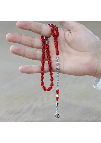 Kararmaz Metal Püsküllü Isme Özel Yazılı Arpa Kesim Amber Kırmızı Ateş Kehribar Tesbih modelleri