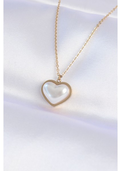 316L Çelik Zincir Gold Renk Beyaz Taşlı Bubble Kalp Kolye - Lisinya