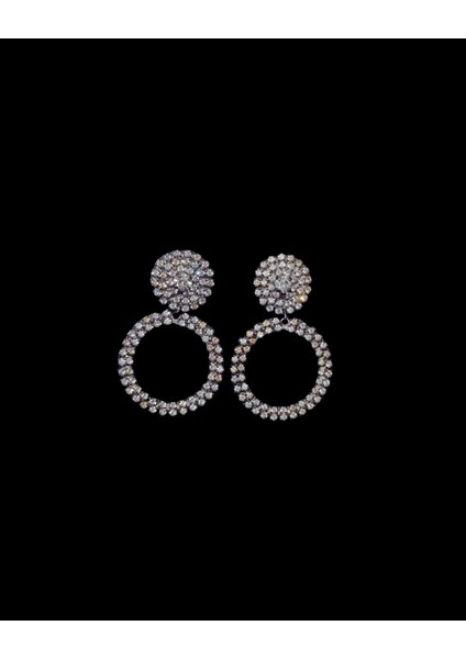 Lara Collectıon Gümüş Rengi Taşlı Halka Küpe - Parlak Kristal Detaylı Daire Model Kadın Takı