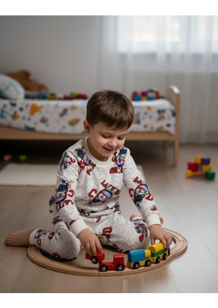 Erkek Çocuk Beyaz Labubu Karakter Baskılı %100 Pamuk Mevsimlik Pijama Takımı