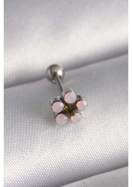 316L Çelik Gümüş Renk Zirkon Taşlı Çiçek Tragus Piercing - Lisinya