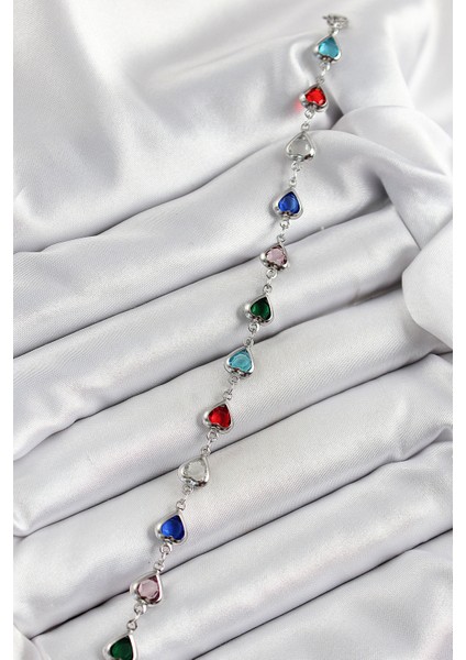 Pirinç Gümüş Renk Karışık Renk Kalp Zirkon Taşlı Kadın Bileklik - Lisinya fiyatları