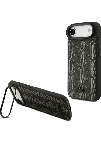 iPhone 17 Air Kılıf Lacoste Lisanslı M-Safeli Standlı Pu Deri Karışık Monogram Desenli Kapak Siyah