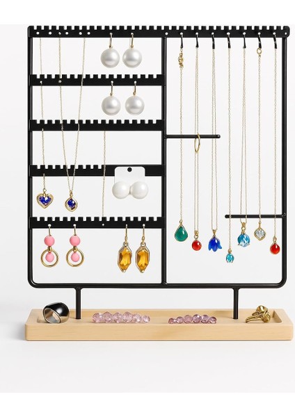 Takı Organizeri, Takı Metal ve Ahşap Taban, 35X30X9.5 Cm, Küpe Kolye Yüzük Düzenleyici, Siyah