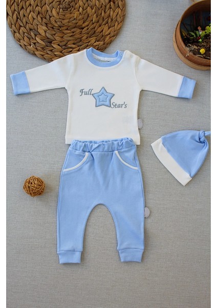 3-6 6-9 9-12 Ay Full Star Nakışlı Şapkalı Uzun Kollu Sweat 3lü Erkek Bebek Takımı Mavi