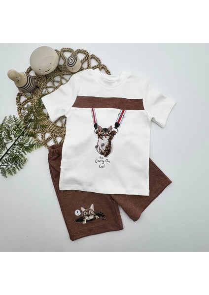 1-2-3 Yaş Fermuarlı Kedi Baskılı Şortlu Kısa Kollu Tişört 2li Erkek Bebek Takımı Kahverengi fiyatları