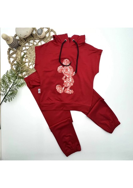3-4-5 Yaş Kapşonlu Payetli Mickey Desenli Kısa Kol 2li Kız Erkek Çocuk Takımı Kırmızı