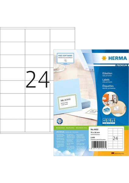 4453 Adres Etiketi, 100 Yaprak, 70 x 36 Mm, A4 Yaprak Başına 24 Adet, 2400 Çıkartma, Kendinden Yapışkanlı, Yazdırılabilir,, Mürekkep Püskürtmeli Yazıcı Için
