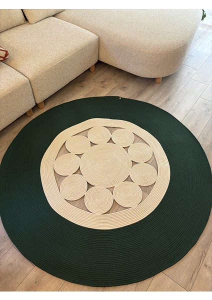 Jutella Hasır Krem Ortası Kurabiyeli Jüt Hasır Yuvarlak Modern Salon Banyo Kilim Halı Paspas Yolluk