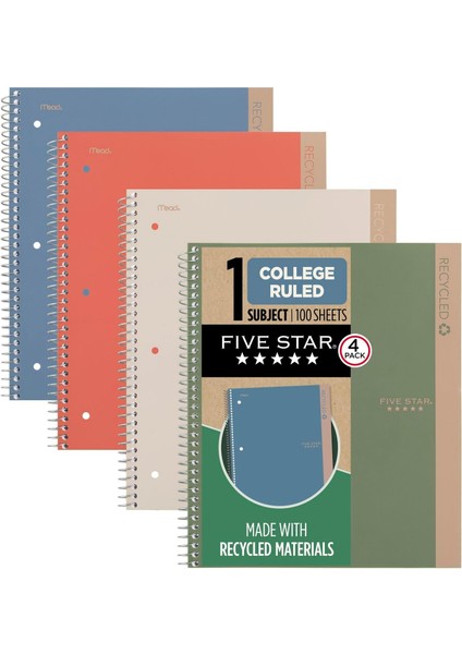 Star Spiral Defterler + Çalışma Uygulaması, Geri Dönüştürülmüş Kapak, 4&apos;lü Paket, 1 Konu, Kolej Çizgili Kağıt, 8-1/2 "x 11", Dizüstü Bilgisayar Başına 100 Sayfa, Zion Clay, Olimpik Yeşil, Buzul